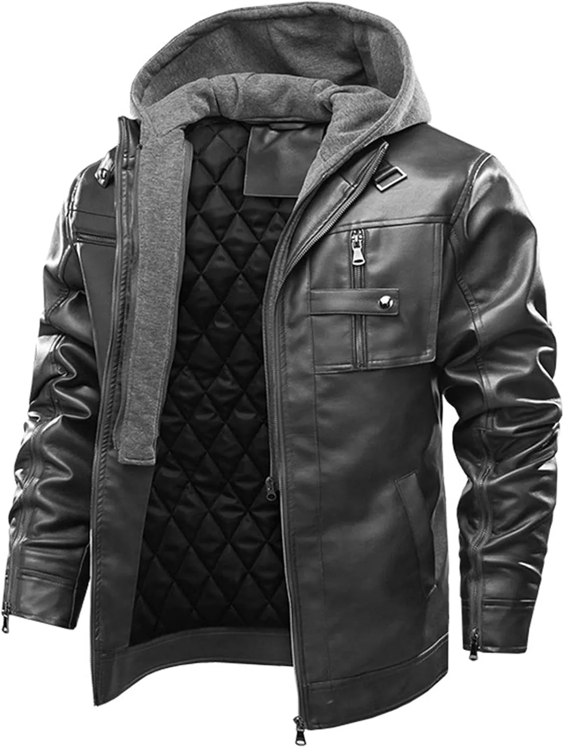 JEShifangjiusu Men?S Casual Stand Collar Pu Faux Leather Zip-Up Motorcycle Bomber Jacket Warm Coat With A Removable Hood