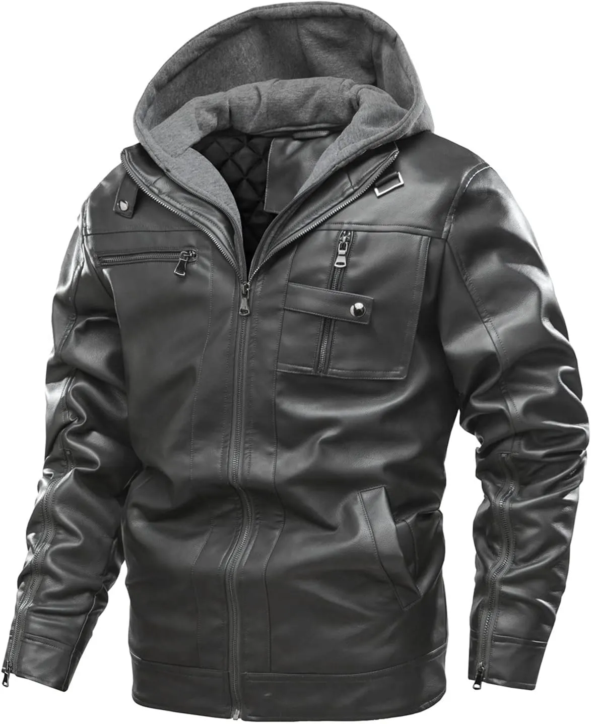 JEShifangjiusu Men?S Casual Stand Collar Pu Faux Leather Zip-Up Motorcycle Bomber Jacket Warm Coat With A Removable Hood