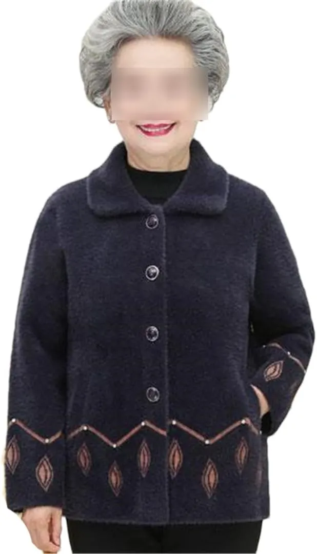 JNKIHAPOT Middle Aged Elderly Women's Cardigan Sweater Autumn Winter Thicken Knitted Jacket Grandma Outwear