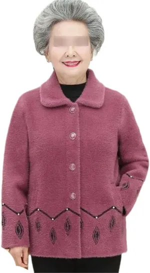 JNKIHAPOT Middle Aged Elderly Women's Cardigan Sweater Autumn Winter Thicken Knitted Jacket Grandma Outwear