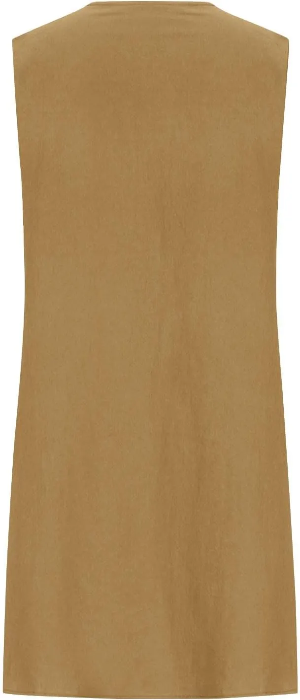 JOAU Cotton Linen Tank Dress for Women Pleated Summer Crewneck Sleeveless Sundress Beach Vacation Casual Knee Length Dresses
