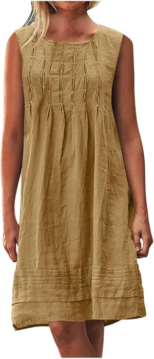 JOAU Cotton Linen Tank Dress for Women Pleated Summer Crewneck Sleeveless Sundress Beach Vacation Casual Knee Length Dresses