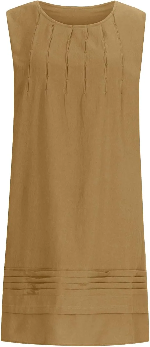 JOAU Cotton Linen Tank Dress for Women Pleated Summer Crewneck Sleeveless Sundress Beach Vacation Casual Knee Length Dresses