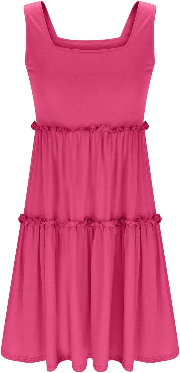 JOAU Womens Summer Casual Square Neck A Line Mini Sundress Sleeveless Flowy Ruffle Tiered Tank Dress Beach Vacation Outfits