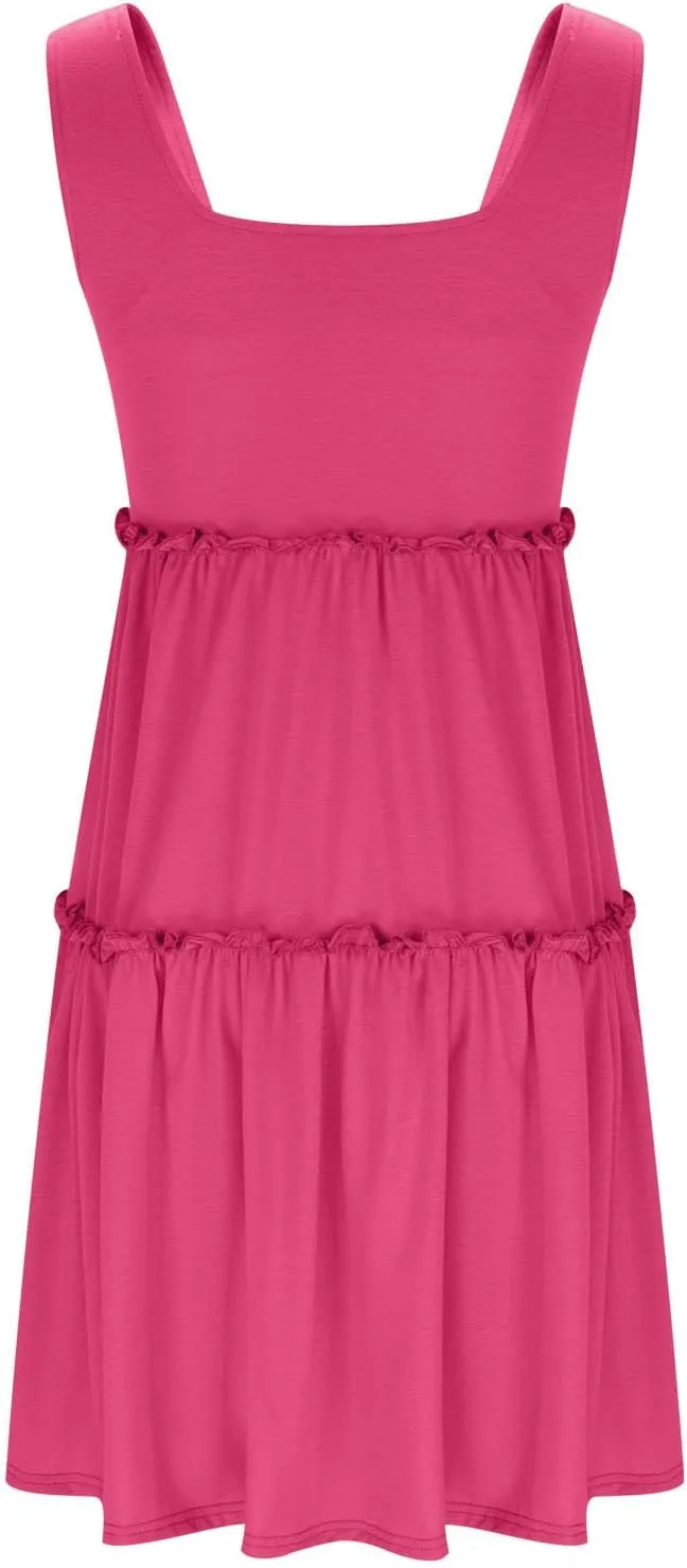 JOAU Womens Summer Casual Square Neck A Line Mini Sundress Sleeveless Flowy Ruffle Tiered Tank Dress Beach Vacation Outfits
