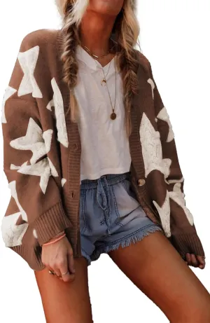 KevaMolly Womens Cardigan Sweater Sherpa Star Pattern Textured Sweater Cardigan with Pockets Casual Knit Coat