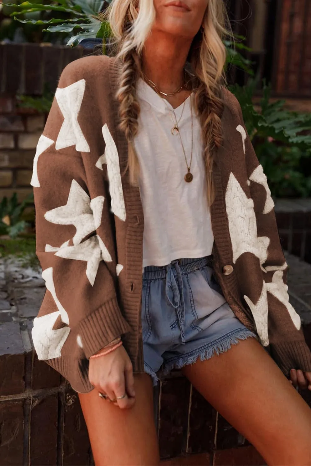 KevaMolly Womens Cardigan Sweater Sherpa Star Pattern Textured Sweater Cardigan with Pockets Casual Knit Coat