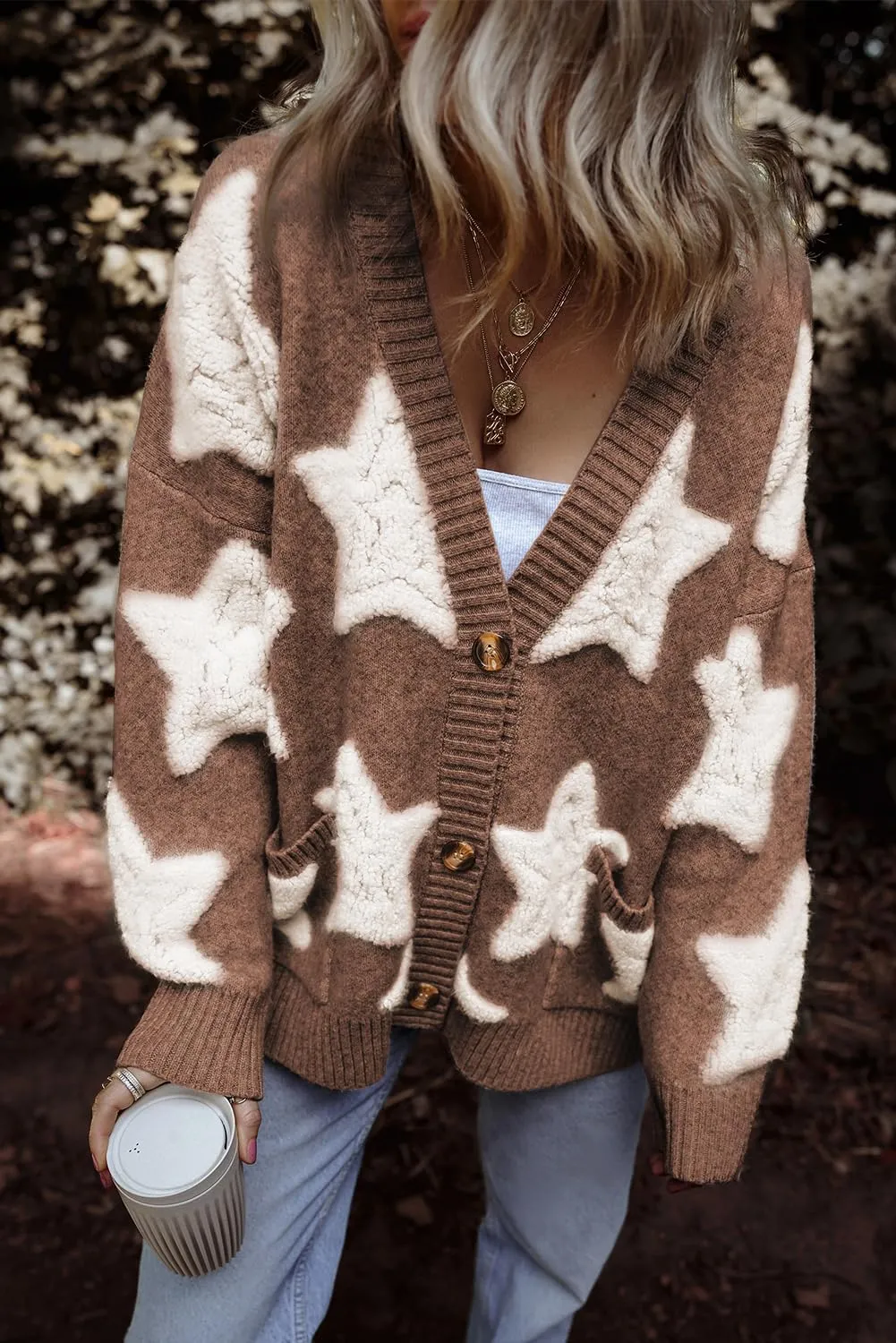 KevaMolly Womens Cardigan Sweater Sherpa Star Pattern Textured Sweater Cardigan with Pockets Casual Knit Coat