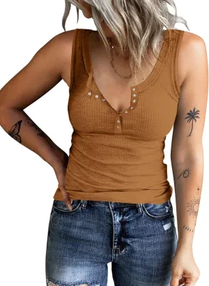 KINLONSAIR Women's Sleeveless Henley Tank Tops Summer Ribbed Button Down Casual T Shirts Slim Fit V Neck Tee Tops