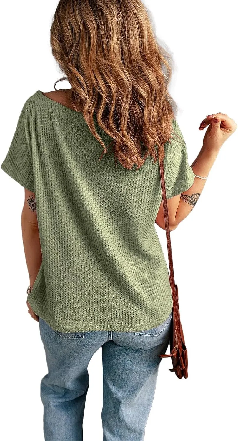 KINLONSAIR Women's Waffle Short Sleeve T Shirt Casual Loose Boat Neck Summer Tee Tops
