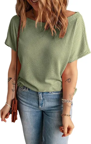 KINLONSAIR Women's Waffle Short Sleeve T Shirt Casual Loose Boat Neck Summer Tee Tops