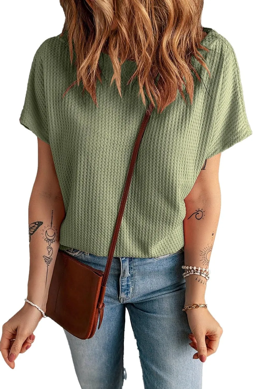 KINLONSAIR Women's Waffle Short Sleeve T Shirt Casual Loose Boat Neck Summer Tee Tops