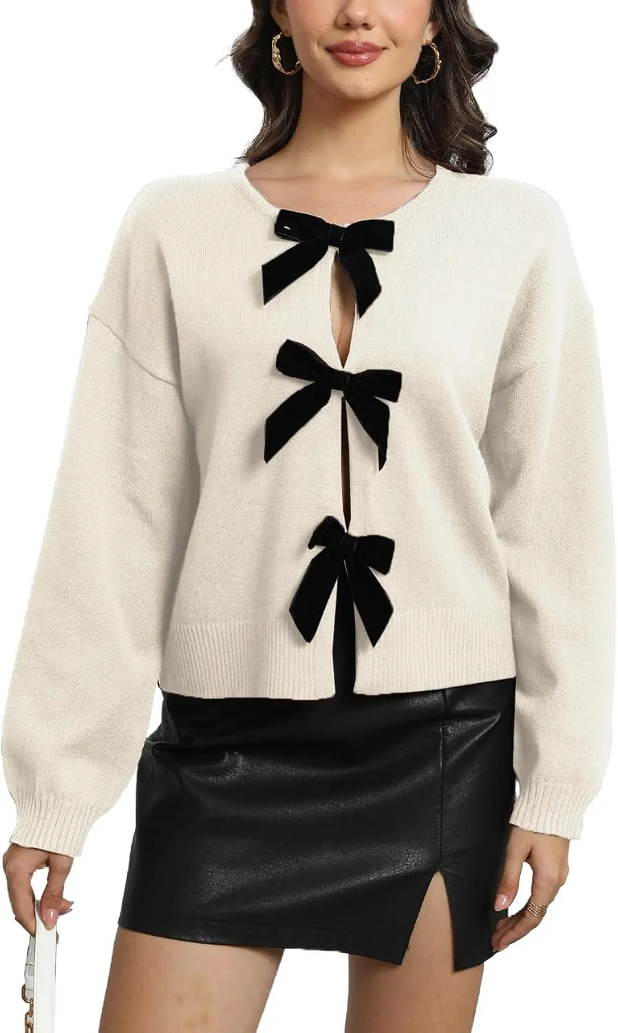 Ladyful Womens Bow Tie Front Cardigan Long Sleeve Cropped Sweater Open Front Trendy Knit Top Coat
