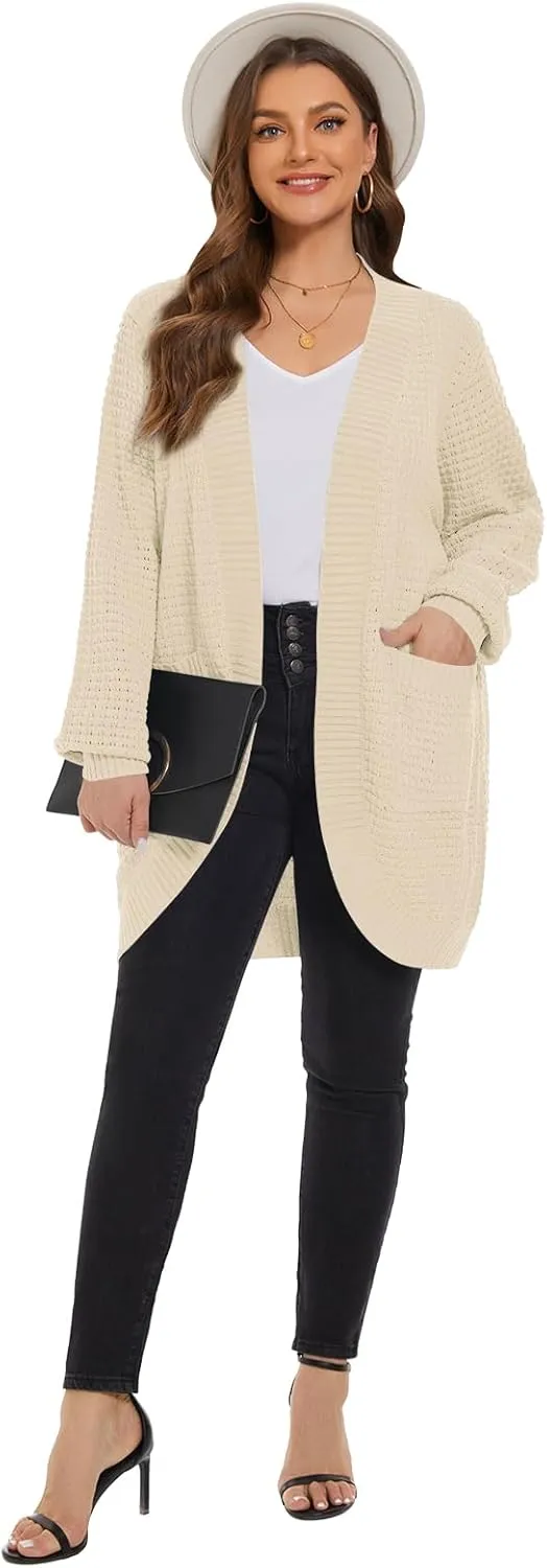 LARACE Long Cardigans for Women Plus Size Tops Open Front Sweaters with Pockets Waffle Ribbed Sleeve Loose Fall Outwear