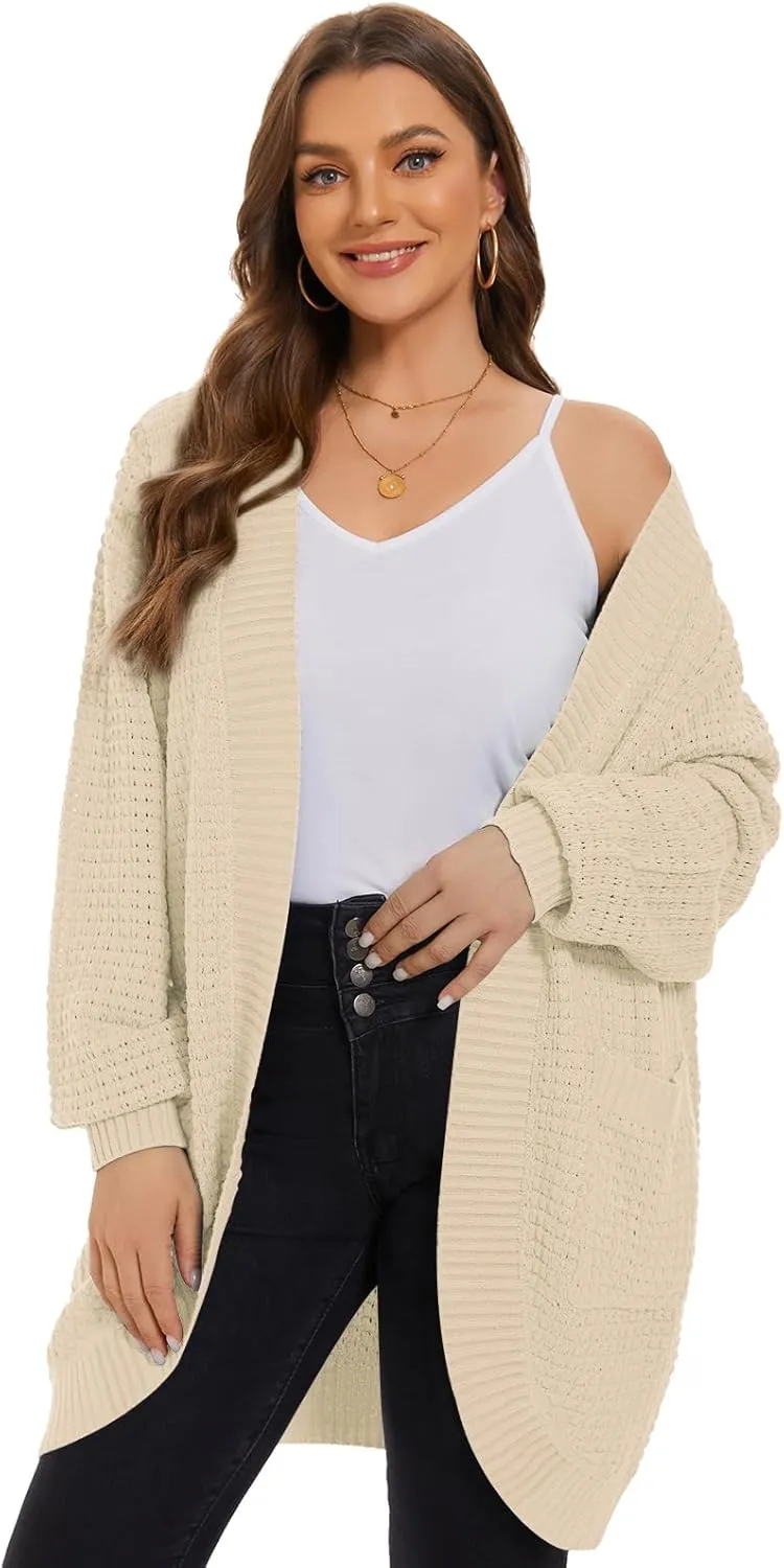 LARACE Long Cardigans for Women Plus Size Tops Open Front Sweaters with Pockets Waffle Ribbed Sleeve Loose Fall Outwear