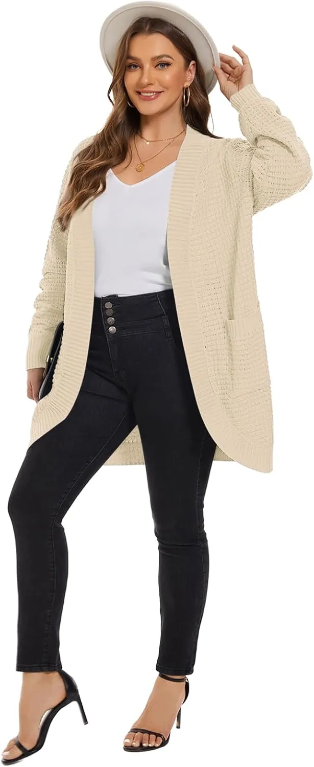 LARACE Long Cardigans for Women Plus Size Tops Open Front Sweaters with Pockets Waffle Ribbed Sleeve Loose Fall Outwear