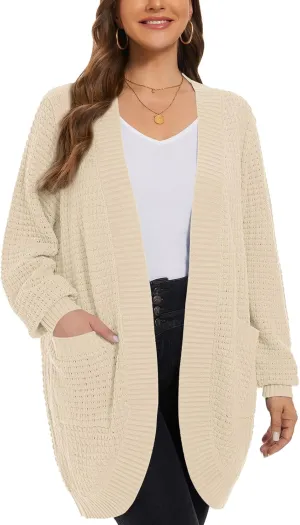 LARACE Long Cardigans for Women Plus Size Tops Open Front Sweaters with Pockets Waffle Ribbed Sleeve Loose Fall Outwear