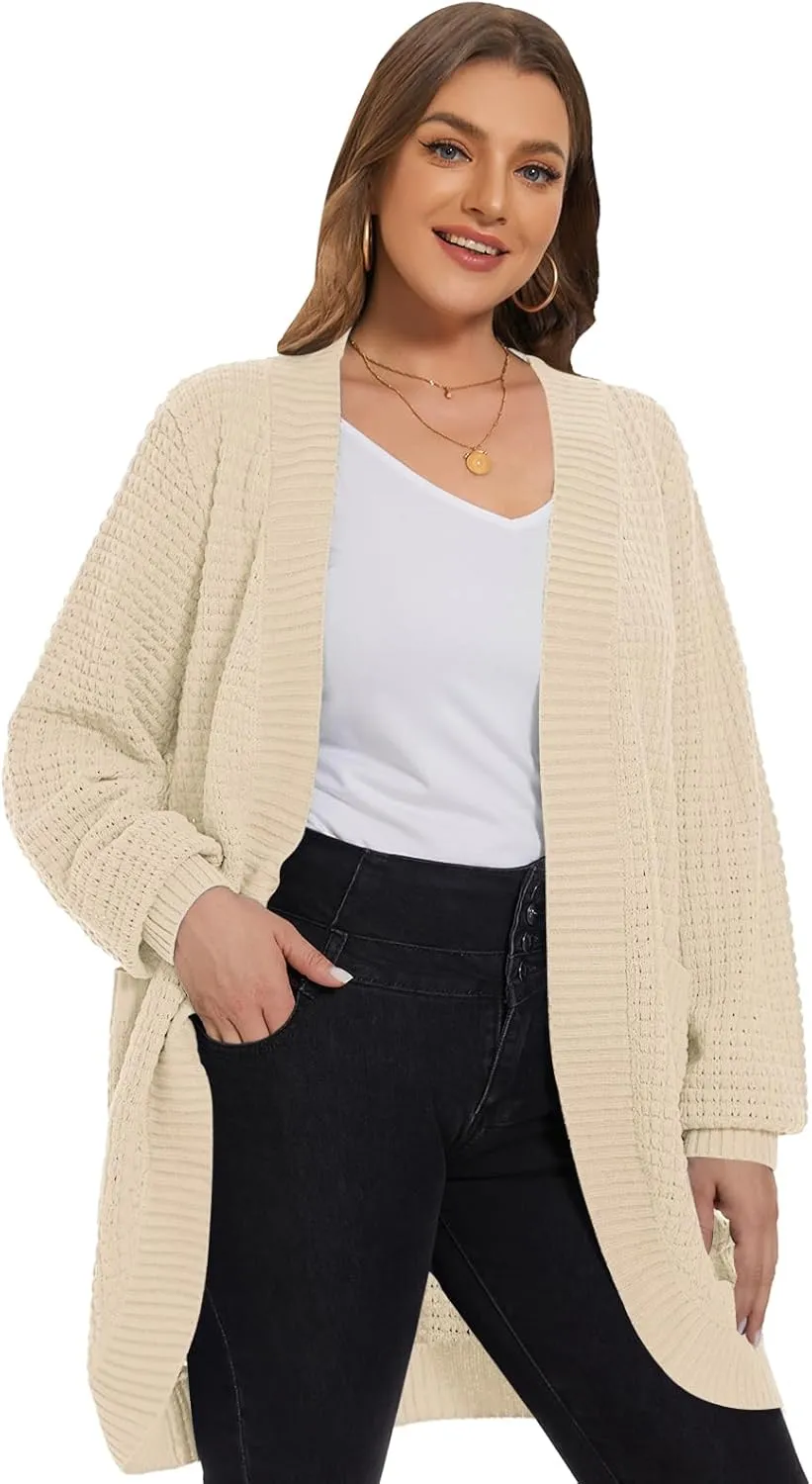 LARACE Long Cardigans for Women Plus Size Tops Open Front Sweaters with Pockets Waffle Ribbed Sleeve Loose Fall Outwear