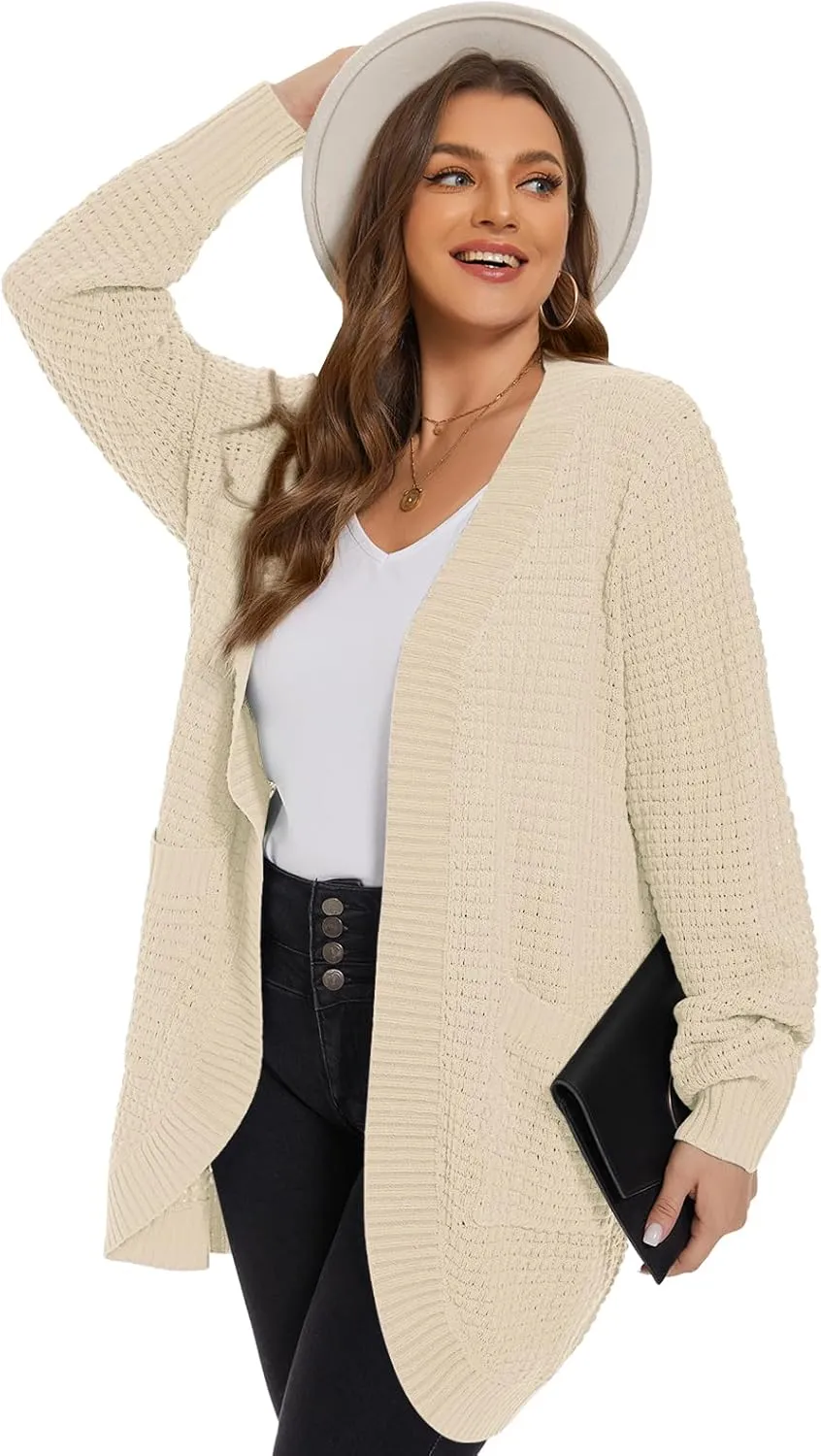 LARACE Long Cardigans for Women Plus Size Tops Open Front Sweaters with Pockets Waffle Ribbed Sleeve Loose Fall Outwear