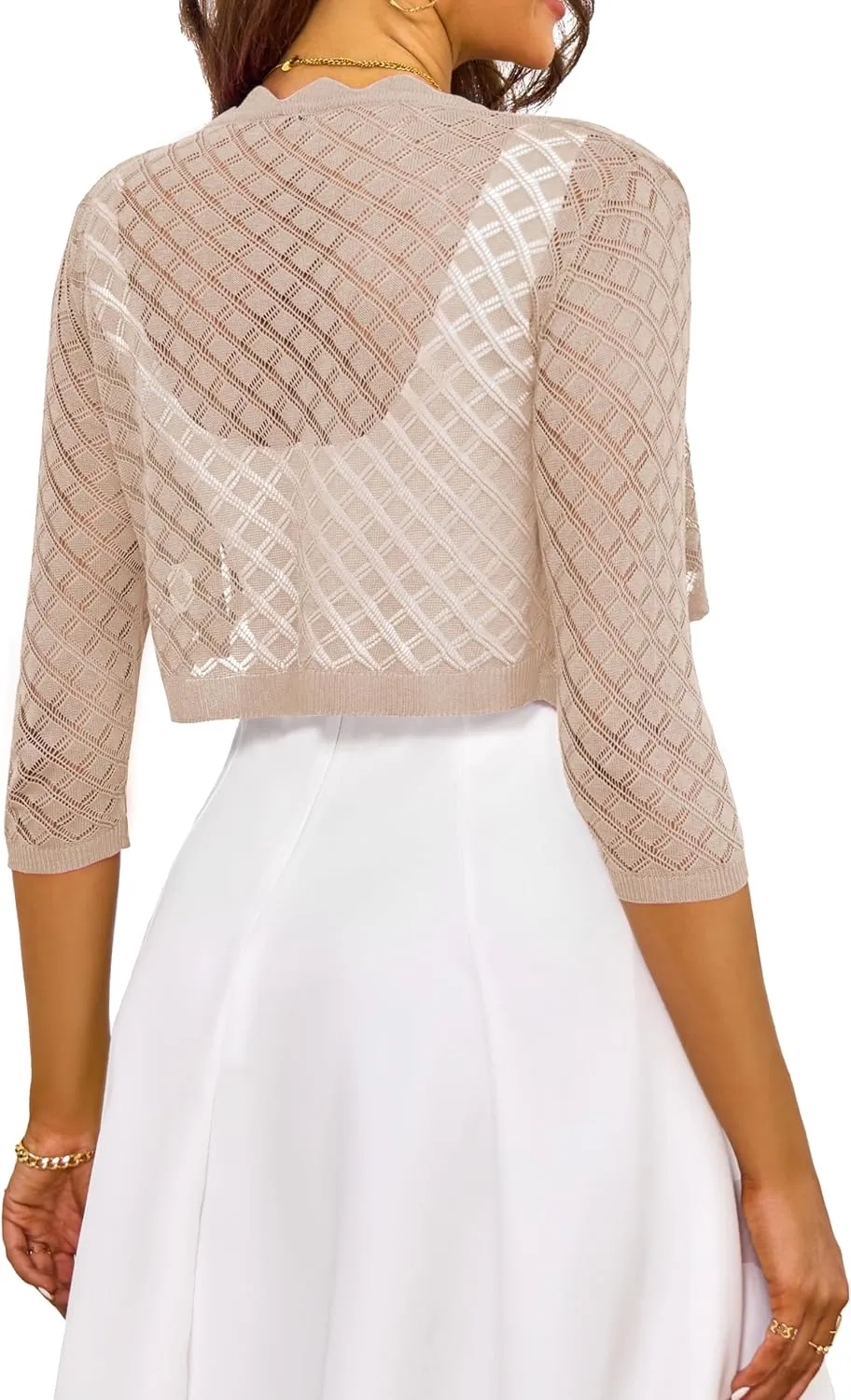 LIENRIDY Women's 2024 Cropped Cardigan 3/4 Sleeve Hollowed-Out Open Front Bolero Shrug for Dresses S-XL