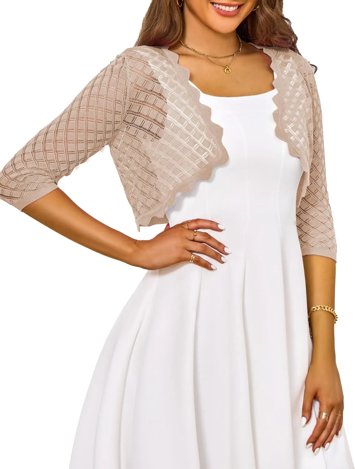 LIENRIDY Women's 2024 Cropped Cardigan 3/4 Sleeve Hollowed-Out Open Front Bolero Shrug for Dresses S-XL
