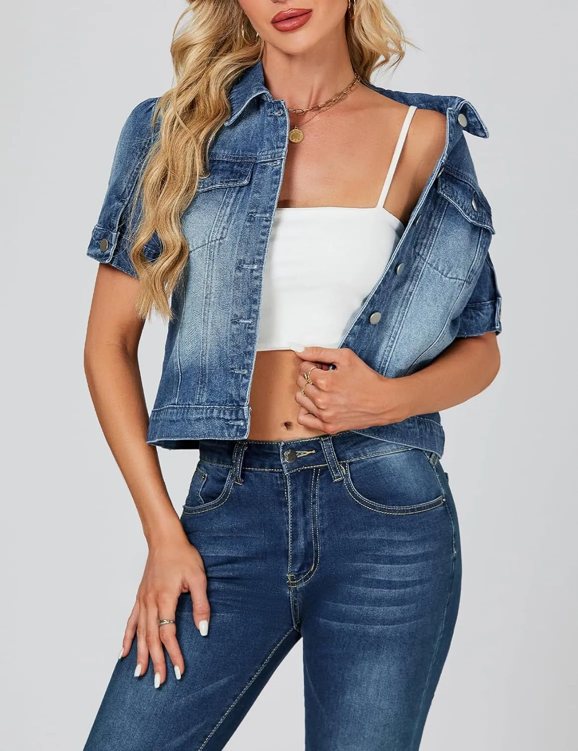 LifeShe Puff Short Sleeve Denim Jacket for Women Summer Cropped Jean Jacket Slim Non-stretch Crop Coat