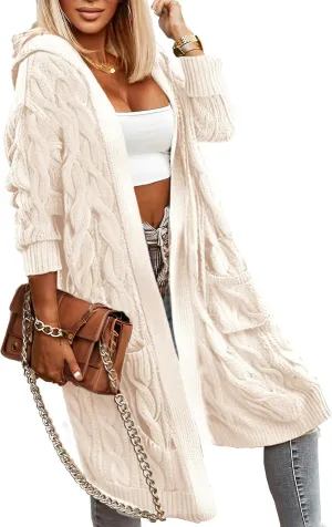 Lightweight Hooded Open Front Cardigan Sweaters for Women Oversized Cable Knit Sweaters Pocketed Trendy Long Cardigans