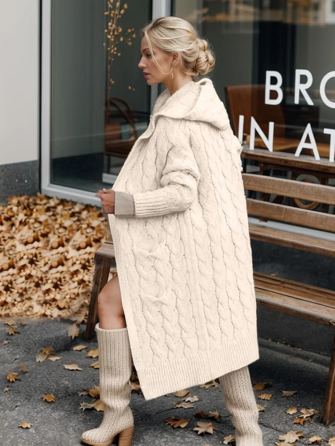 Lightweight Hooded Open Front Cardigan Sweaters for Women Oversized Cable Knit Sweaters Pocketed Trendy Long Cardigans