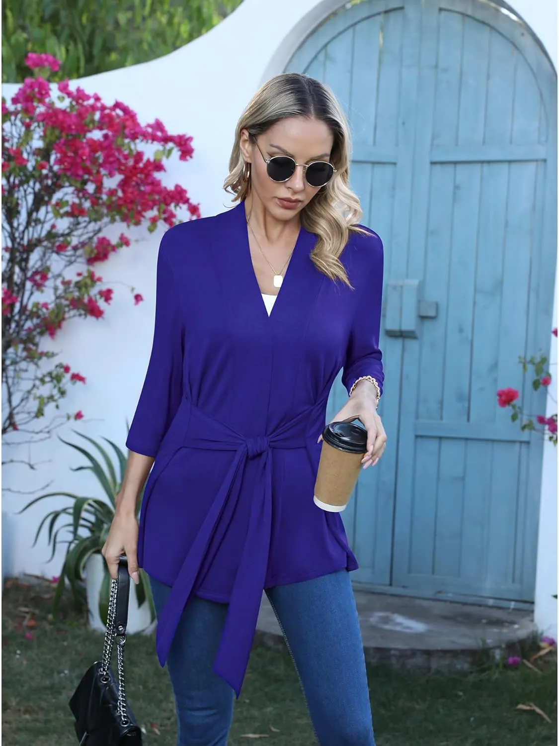 LILBETTER Women's Casual Lightweight 3/4 Sleeve Open Front Cardigan Draped Duster