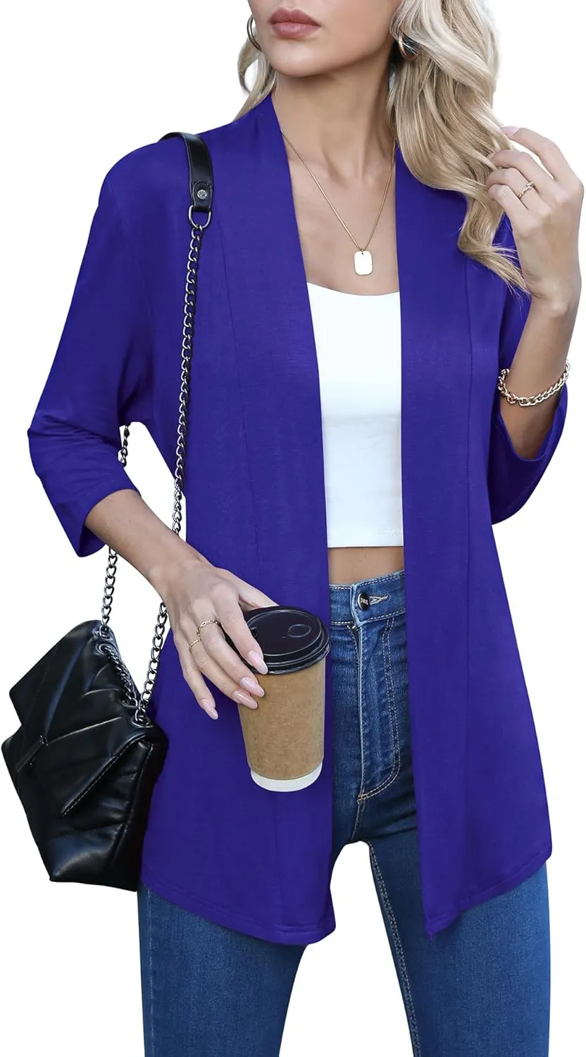 LILBETTER Women's Casual Lightweight 3/4 Sleeve Open Front Cardigan Draped Duster
