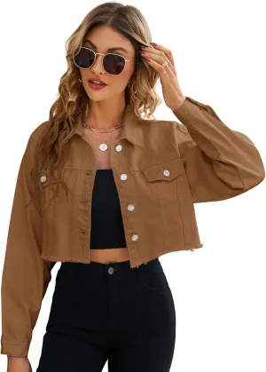 LONGYIDA Women's Cropped Denim Jacket | Distressed Button-Down Jean Jacket | Long Sleeve Ripped & Frayed Blue Coat