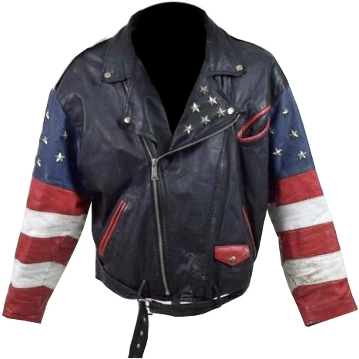 LP-FACON Men's Motorcycle American USA Flag Brando Leather Jacket - Motorbike Leather Jacket Real/Faux