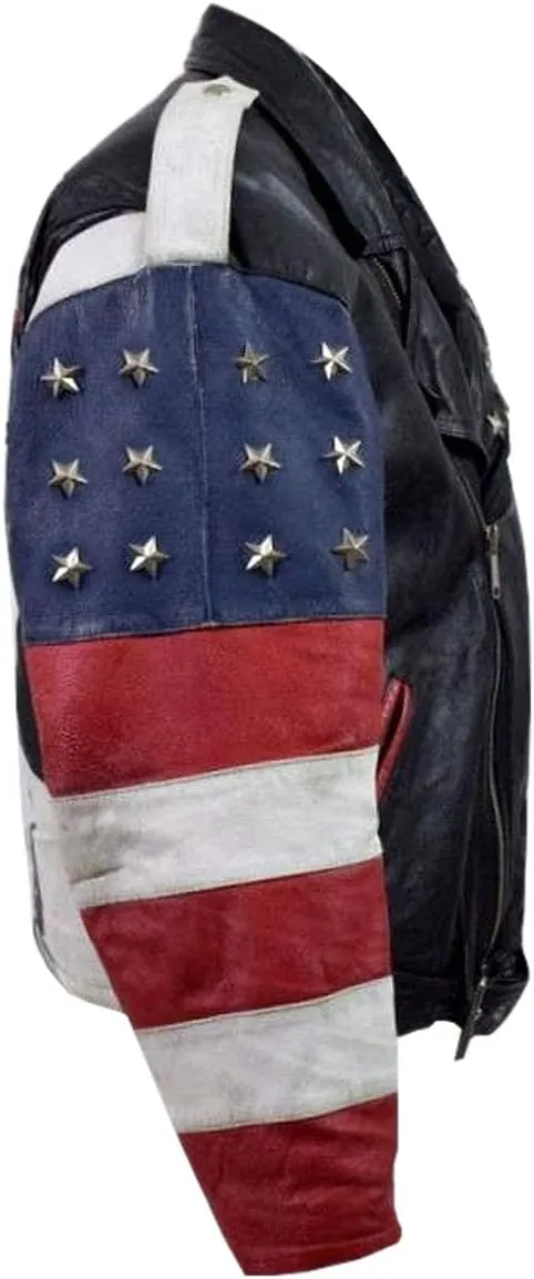 LP-FACON Men's Motorcycle American USA Flag Brando Leather Jacket - Motorbike Leather Jacket Real/Faux