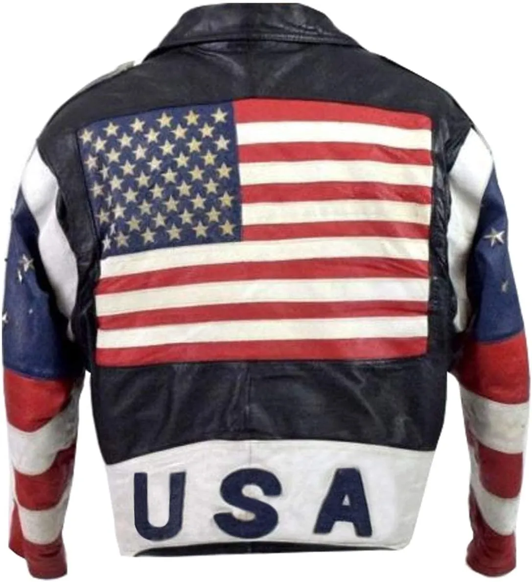 LP-FACON Men's Motorcycle American USA Flag Brando Leather Jacket - Motorbike Leather Jacket Real/Faux