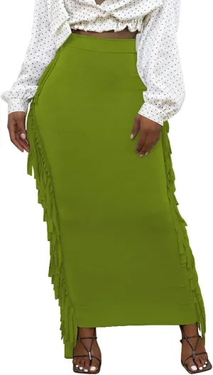 Lrady Women's Elastic Waist Slim Bodycon Side Tassels Long Maxi Pencil Skirts
