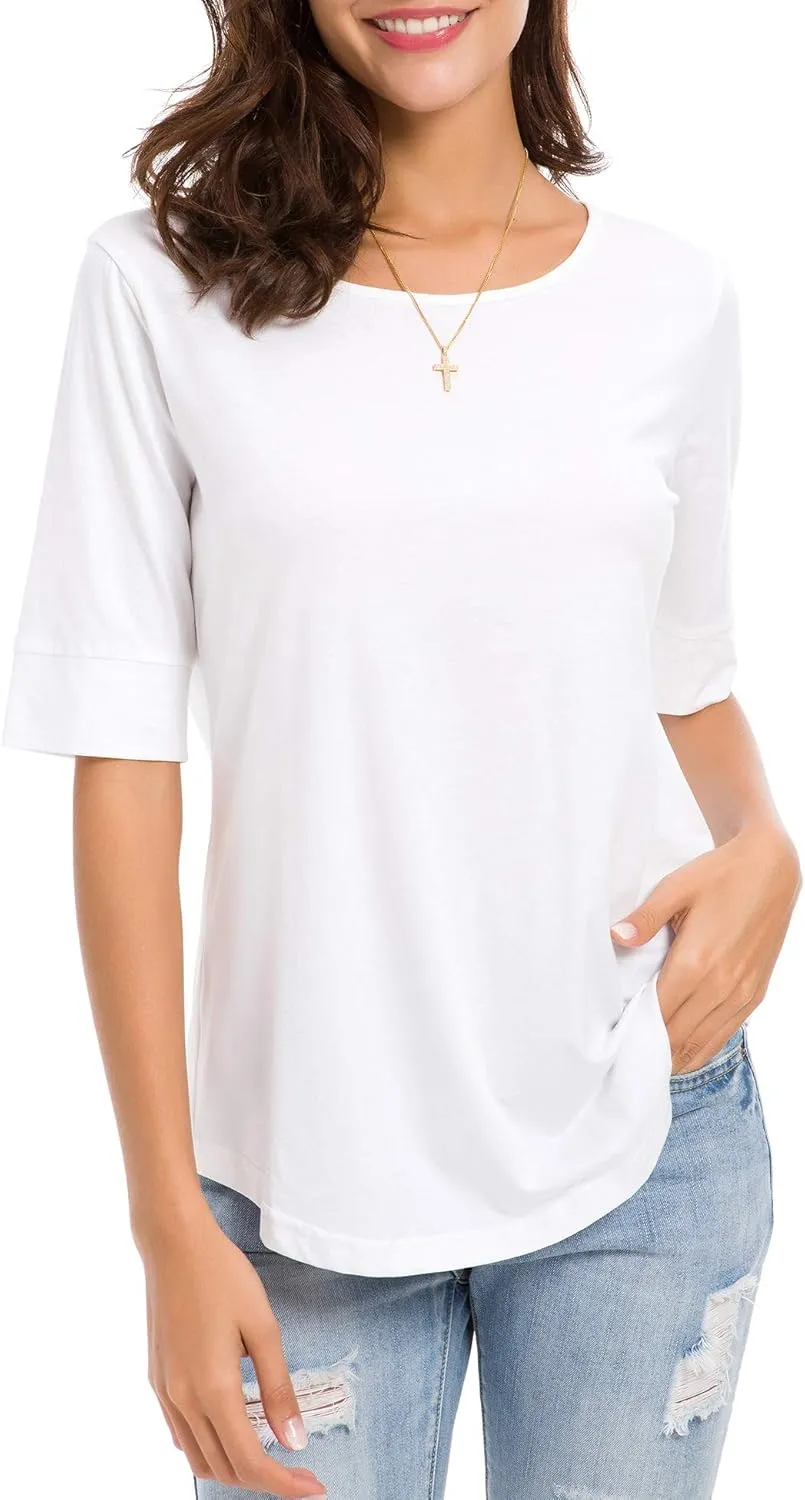 LUSMAY Womens Cotton Tops Summer Casual Fitted T Shirt Half Sleeve Tunic Comfy Tee