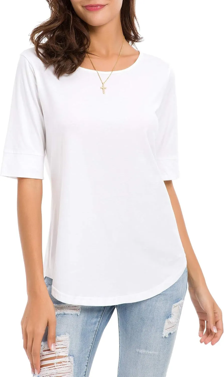 LUSMAY Womens Cotton Tops Summer Casual Fitted T Shirt Half Sleeve Tunic Comfy Tee
