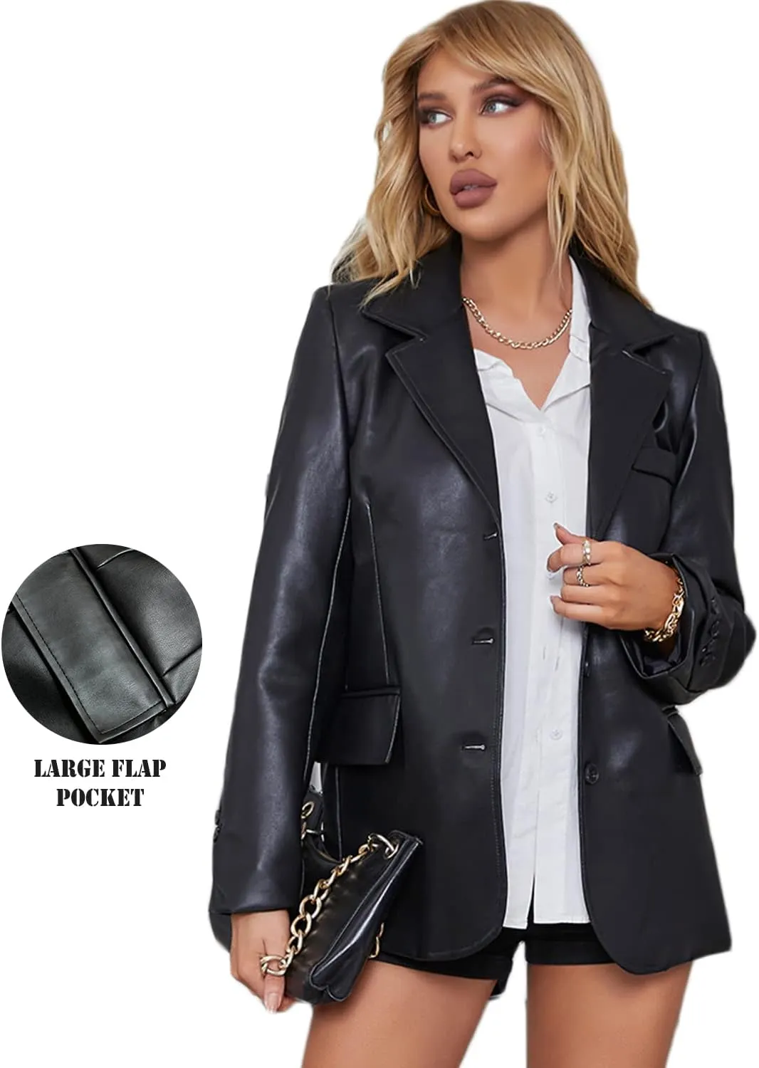 LY VAREY LIN Women Faux Leather Belted Shirt Jacket Lapel Blazer Coat with Bust Pocket