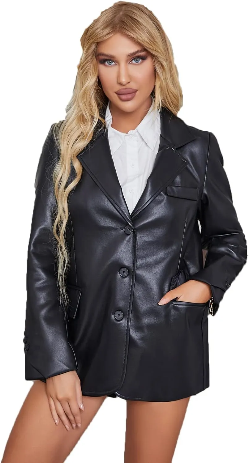 LY VAREY LIN Women Faux Leather Belted Shirt Jacket Lapel Blazer Coat with Bust Pocket