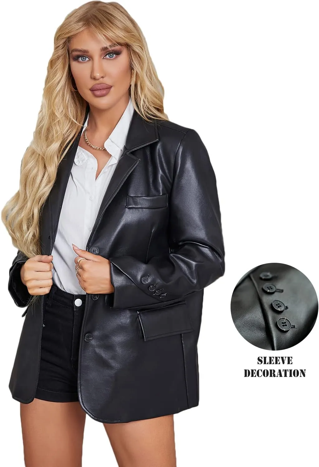 LY VAREY LIN Women Faux Leather Belted Shirt Jacket Lapel Blazer Coat with Bust Pocket