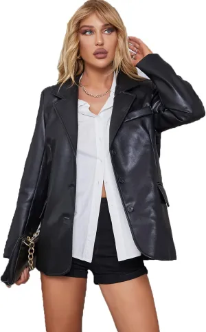LY VAREY LIN Women Faux Leather Belted Shirt Jacket Lapel Blazer Coat with Bust Pocket