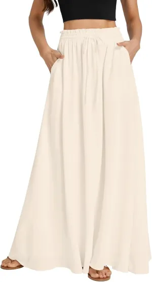 LYANER Women's Shirred Smocked Frill Drawstring Pleated High Waist Solid Maxi Skirt
