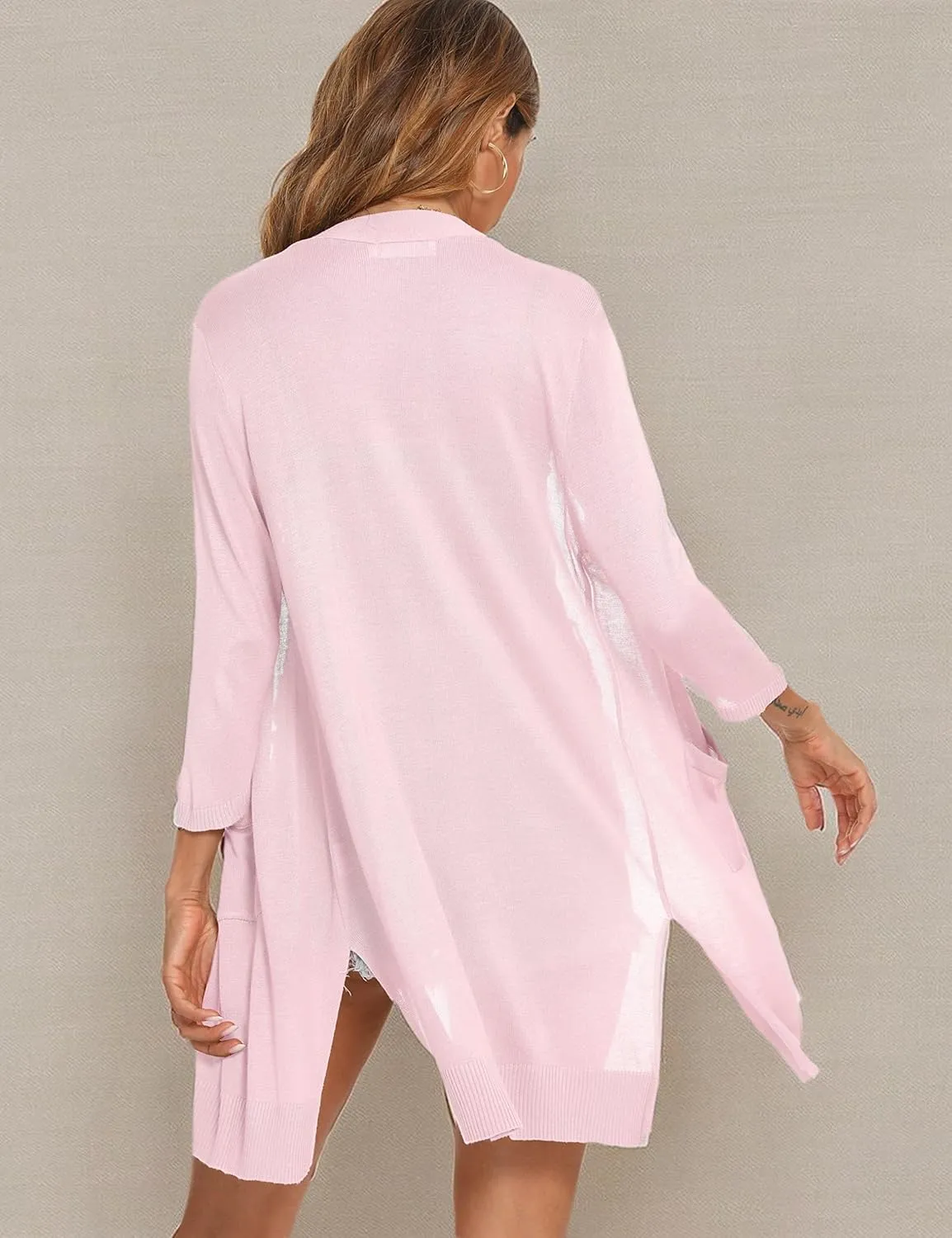LYHNMW Women's Cardigan Casual 3/4 Sleeve or Long Sleeve Lightweight Open Front Long Knited Cardigan with Pocket