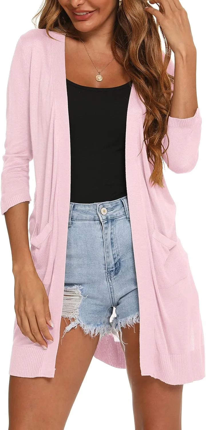 LYHNMW Women's Cardigan Casual 3/4 Sleeve or Long Sleeve Lightweight Open Front Long Knited Cardigan with Pocket