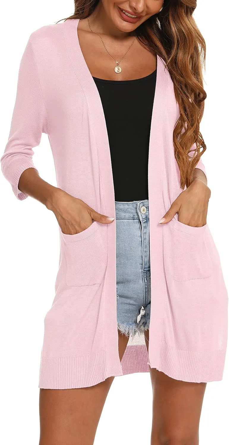 LYHNMW Women's Cardigan Casual 3/4 Sleeve or Long Sleeve Lightweight Open Front Long Knited Cardigan with Pocket