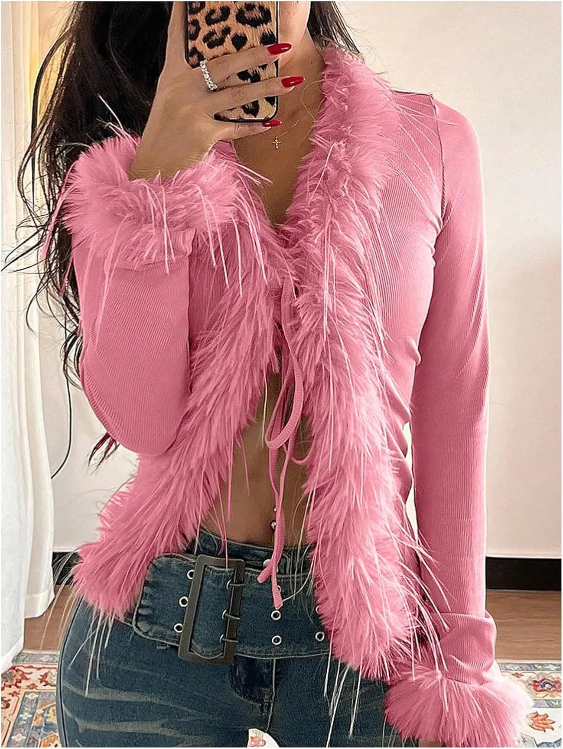 MakeMeChic Women's Faux Fur Top Mesh Lace Long Sleeve Y2K Fuzzy Trim Tee Shirts