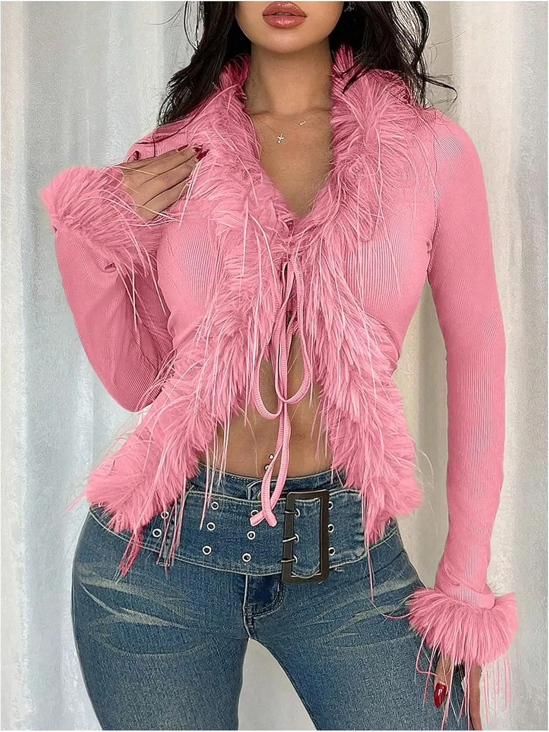 MakeMeChic Women's Faux Fur Top Mesh Lace Long Sleeve Y2K Fuzzy Trim Tee Shirts