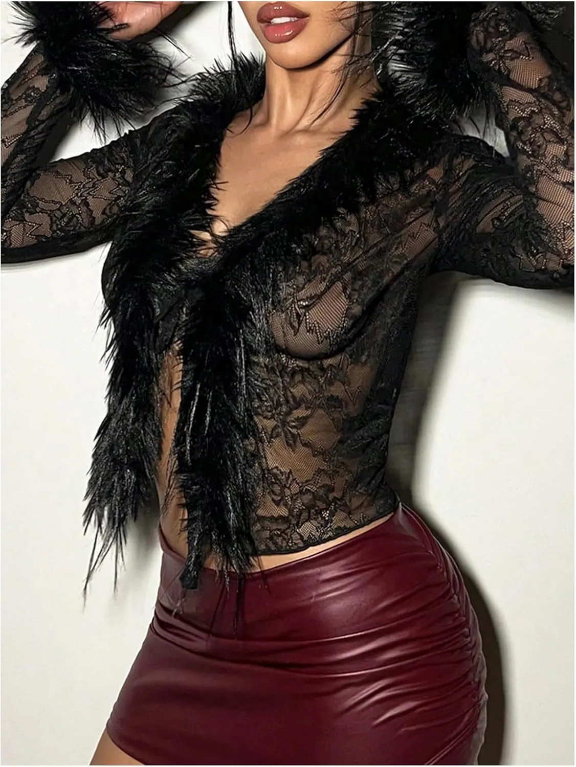 MakeMeChic Women's Faux Fur Top Mesh Lace Long Sleeve Y2K Fuzzy Trim Tee Shirts