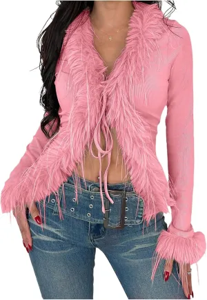 MakeMeChic Women's Faux Fur Top Mesh Lace Long Sleeve Y2K Fuzzy Trim Tee Shirts