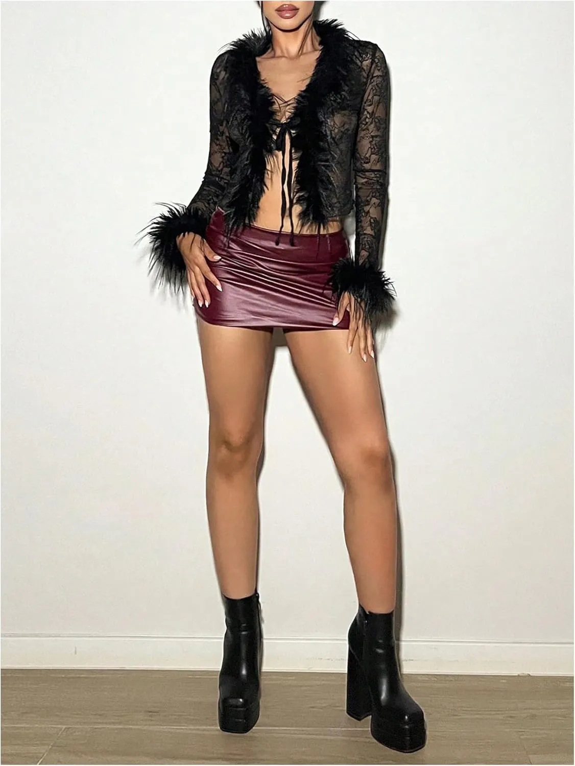 MakeMeChic Women's Faux Fur Top Mesh Lace Long Sleeve Y2K Fuzzy Trim Tee Shirts